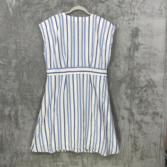 Loft Blue Shimmer Stripe Button Front Dress Size 14 Cotton Lined V-Neck Nautical - Picture 2 of 8